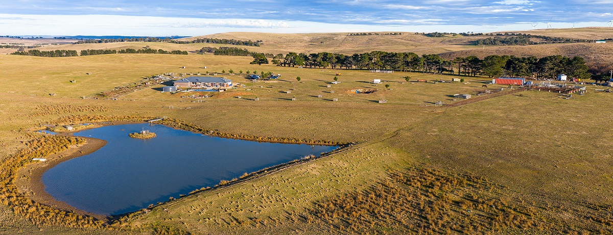 Beautiful farm landscape with ponds and fields funded by agricultural and farm loans.